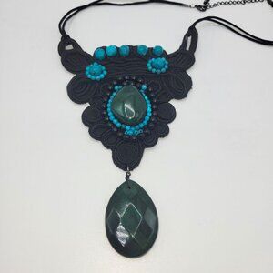 Handmade Southwestern Rodeo Macrame Choker Tourquise Black Adjustable Necklace